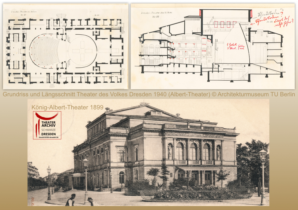 Grundriss, Längsschnitt und Fassade des Albert-Theaters