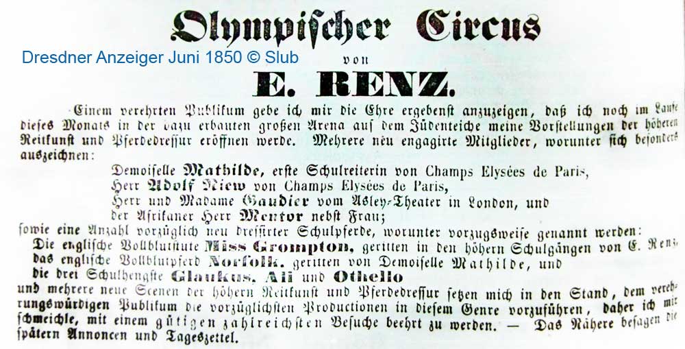 Anzeige Zirkus Renz 1850